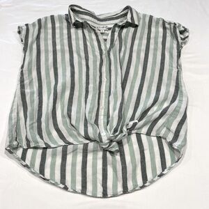 Wonderly Green and White Striped Button Down Linen Tie-Front Shirt